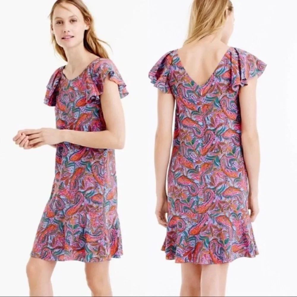 J. Crew Silk Paisley Print Mini Dress Short Sleeve Ruffles Pink Blue Green 8